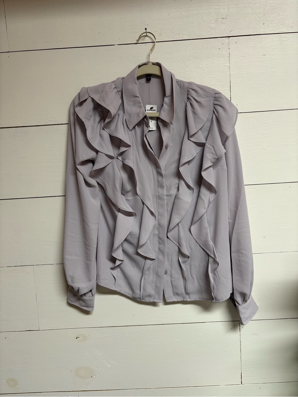 Express Ruffled Button-Front Blouse - Light Lavender Gray